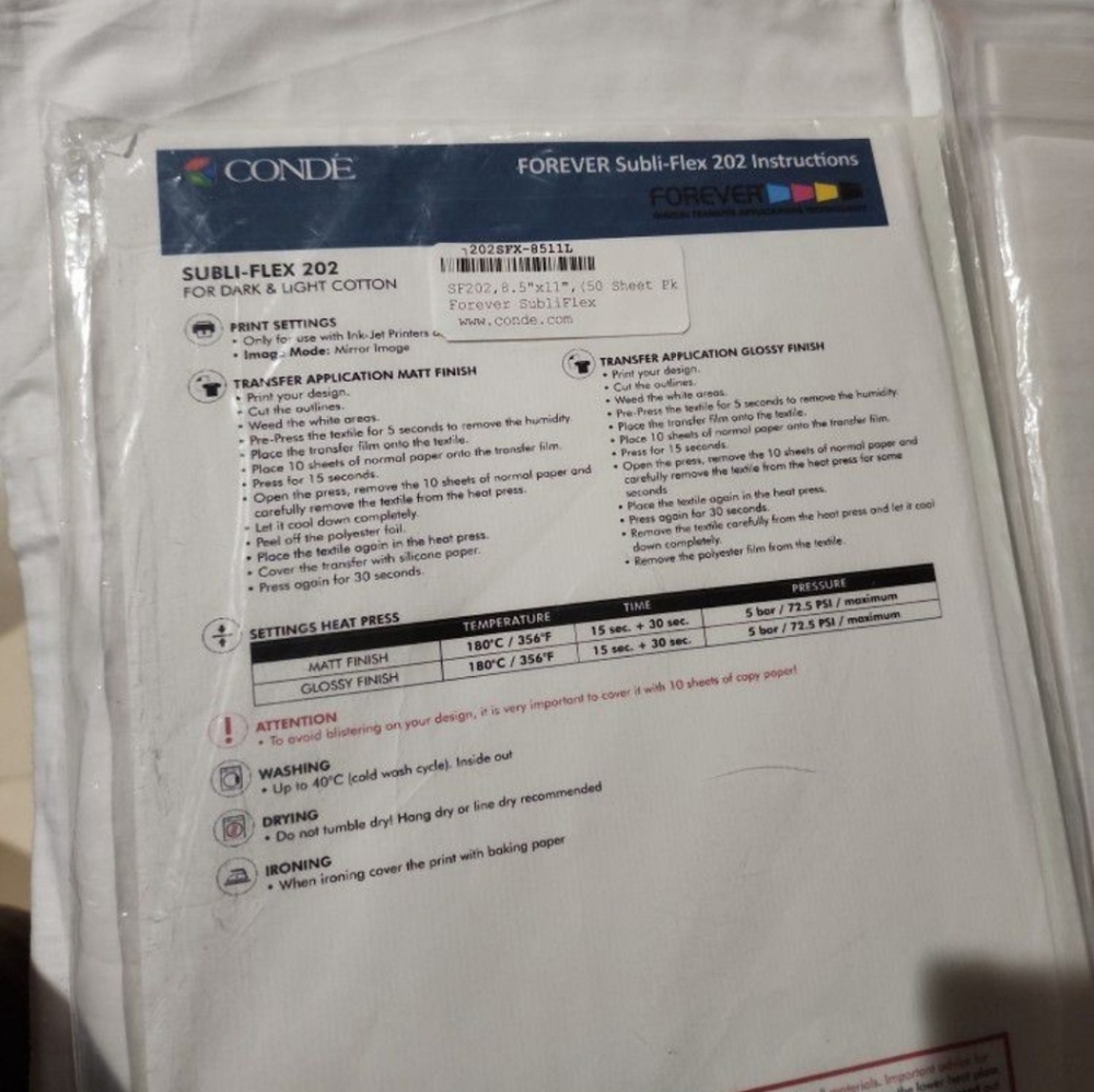 Subliflex 202 sheets for light and dark fabric